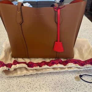 Tory Burch Tan Leather Tote with Red Accents